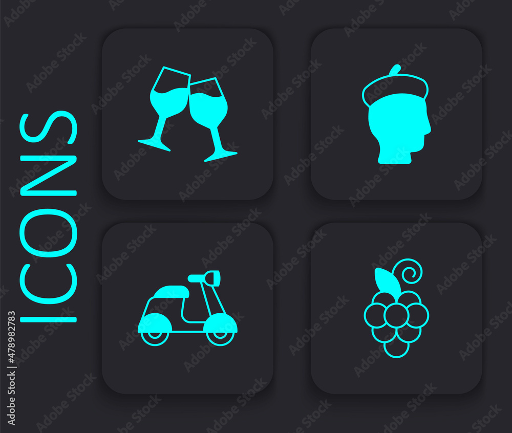 Set Grape fruit, Wine glass, French man and Scooter icon. Black square button. Vector Set Grape fruit, Wine glass, French man and Scooter icon. Black square button. Vector