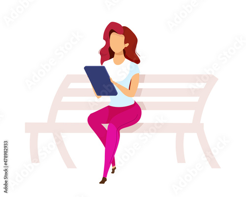 Woman work on tablet outdoor semi flat color vector character. Sitting figure. Full body person on white. Remote job isolated modern cartoon style illustration for graphic design and animation