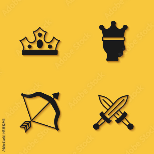 Set King crown, Crossed medieval sword, Medieval bow and arrow and icon with long shadow. Vector
