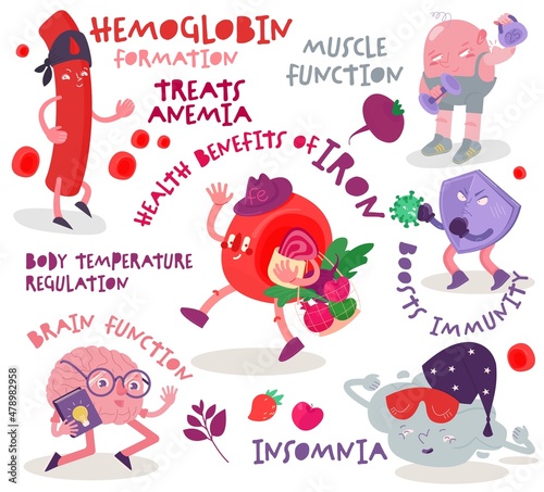 Health benefits of iron. Medial infographic with funny characters.