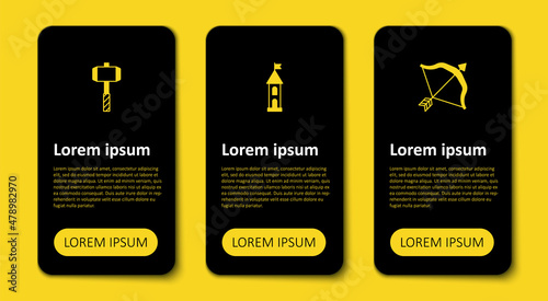 Set Medieval bow and arrow, Castle tower and Battle hammer. Business infographic template. Vector