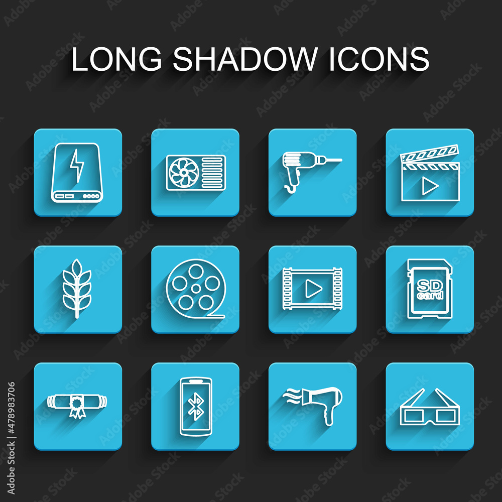 Set line Diploma rolled scroll, Smartphone with, Power bank, Hair dryer, 3D cinema glasses, Film reel, SD card and Play Video icon. Vector Set line Diploma rolled scroll, Smartphone with, Power bank, Hair dryer, 3D cinema glasses, Film reel, SD card and Play Video icon. Vector
