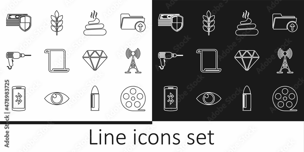 Set line Film reel, Antenna, Shit, Paper scroll, Drill machine, Money protection, Diamond and Wheat icon. Vector