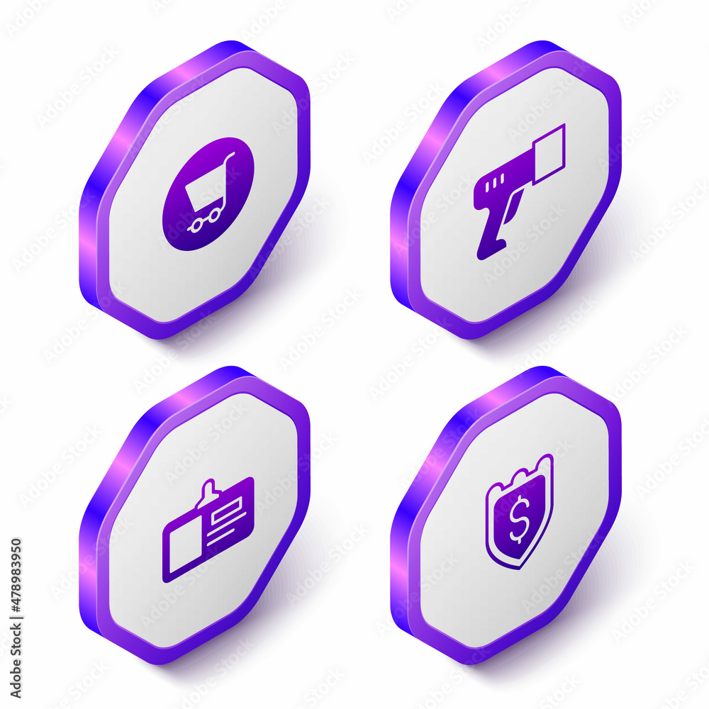 Set Isometric Shopping cart, Scanner scanning bar code, Identification badge and Shield with dollar icon. Purple hexagon button. Vector Set Isometric Shopping cart, Scanner scanning bar code, Identification badge and Shield with dollar icon. Purple hexagon button. Vector