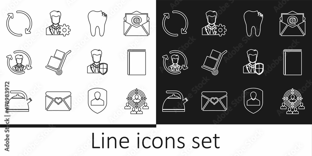 Set line Marketing target strategy, Book, Broken tooth, Hand truck and boxes, Human resources, Refresh, User protection and Profile settings icon. Vector