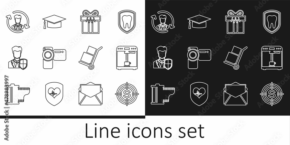 Set line Target with dollar, Coffee machine and cup, Gift box, Cinema camera, User protection, Human resources, Hand truck boxes and Graduation cap icon. Vector