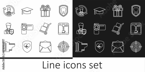 Set line Target with dollar, Coffee machine and cup, Gift box, Cinema camera, User protection, Human resources, Hand truck boxes and Graduation cap icon. Vector