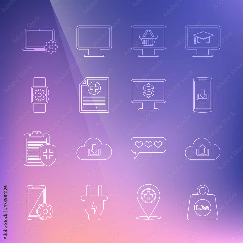 Set line Weight pounds, Cloud upload, Smartphone with download, Monitor shopping basket, Clinical record, Smartwatch setting, Laptop and gear and dollar icon. Vector Set line Weight pounds, Cloud upload, Smartphone with download, Monitor shopping basket, Clinical record, Smartwatch setting, Laptop and gear and dollar icon. Vector