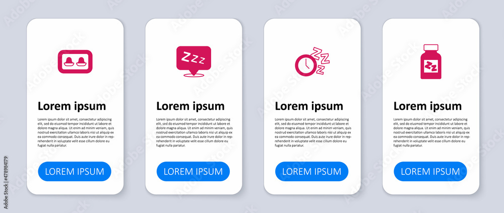 Set Sleeping pill, Alarm clock, Sleepy and Earplugs with storage box. Business infographic template. Vector Set Sleeping pill, Alarm clock, Sleepy and Earplugs with storage box. Business infographic template. Vector