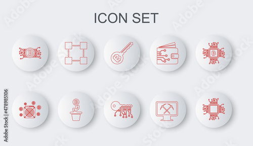 Set line Processor, ASIC Miner, Cryptocurrency key, Mining with monitor and pickaxe, bitcoin circuit, Blockchain technology, Bitcoin plant the pot and icon. Vector