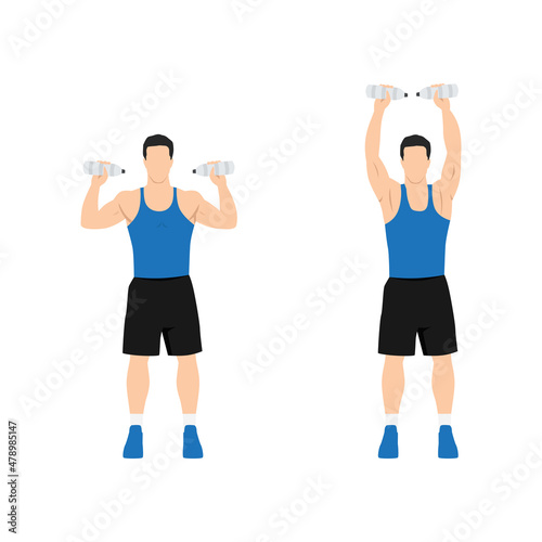 Man doing Overhead dumbbell shoulder press exercise. Flat vector illustration isolated on white background