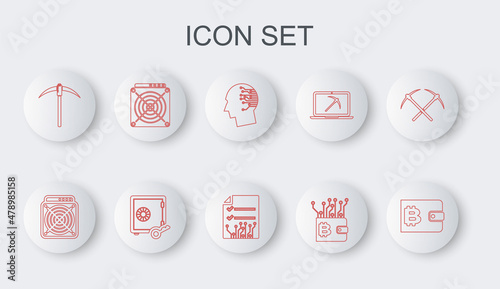 Set line Cryptocurrency wallet, ASIC Miner, Brain as digital circuit board, Pickaxe, Proof of stake and Smart contract icon. Vector