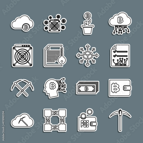 Set line Pickaxe, Cryptocurrency wallet, Smart contract, Bitcoin plant in the pot, ASIC Miner, cloud mining and Distribution icon. Vector