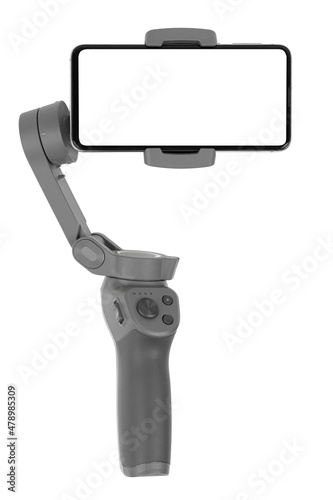 Stabilizer for a smartphone on a white background. Gimbal and smartphone with white screen isolated on white background.
