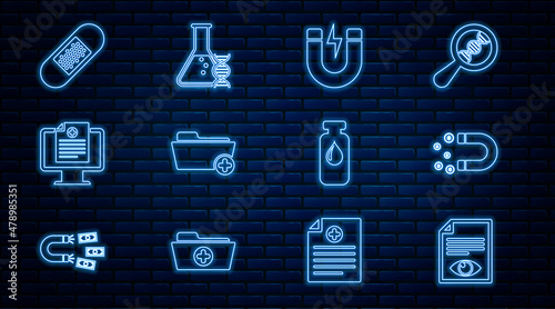 Set line Paper page with eye, Magnet money, lightning, Health record folder, Clinical monitor, Bandage plaster, Medical vial, ampoule and DNA research, search icon. Vector