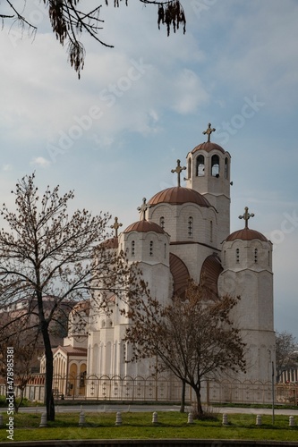 trees in front of the orthodox church of the three holy hierarchs in the city of Skopje