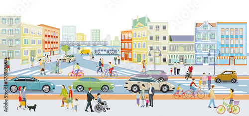 Stadtsilhouette mit Personen auf dem Zebrastreifen und Straßenverkehr, Illustration