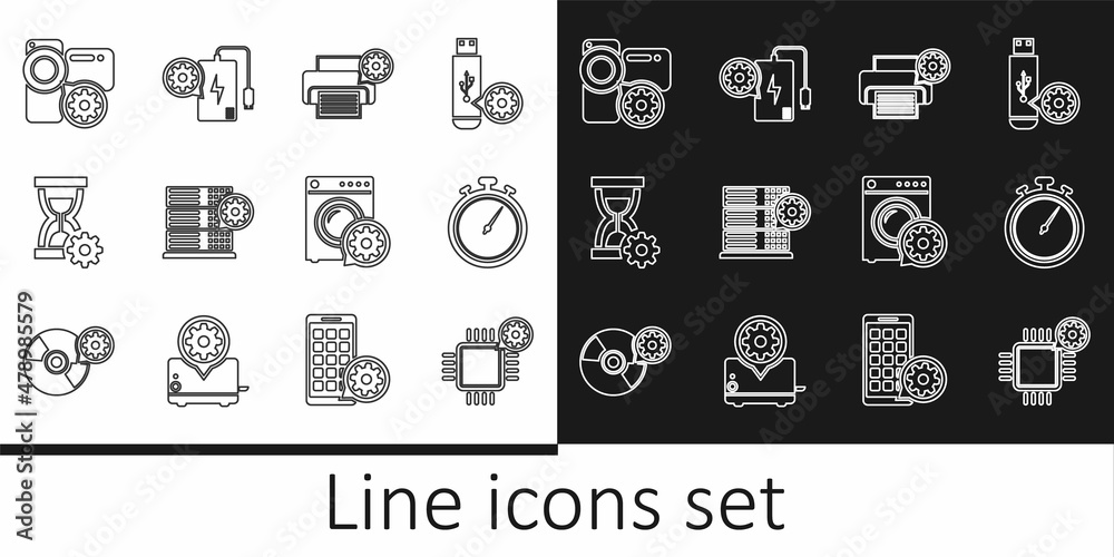 Set line Processor setting, Stopwatch, Printer, Server, Hourglass, Video camera, Washer and Power bank icon. Vector