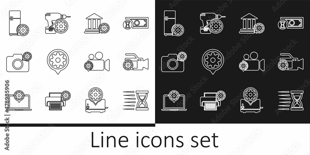 Naklejka premium Set line Old hourglass with sand, Video camera setting, Bank building, Setting, Photo, Refrigerator, and Drill machine icon. Vector