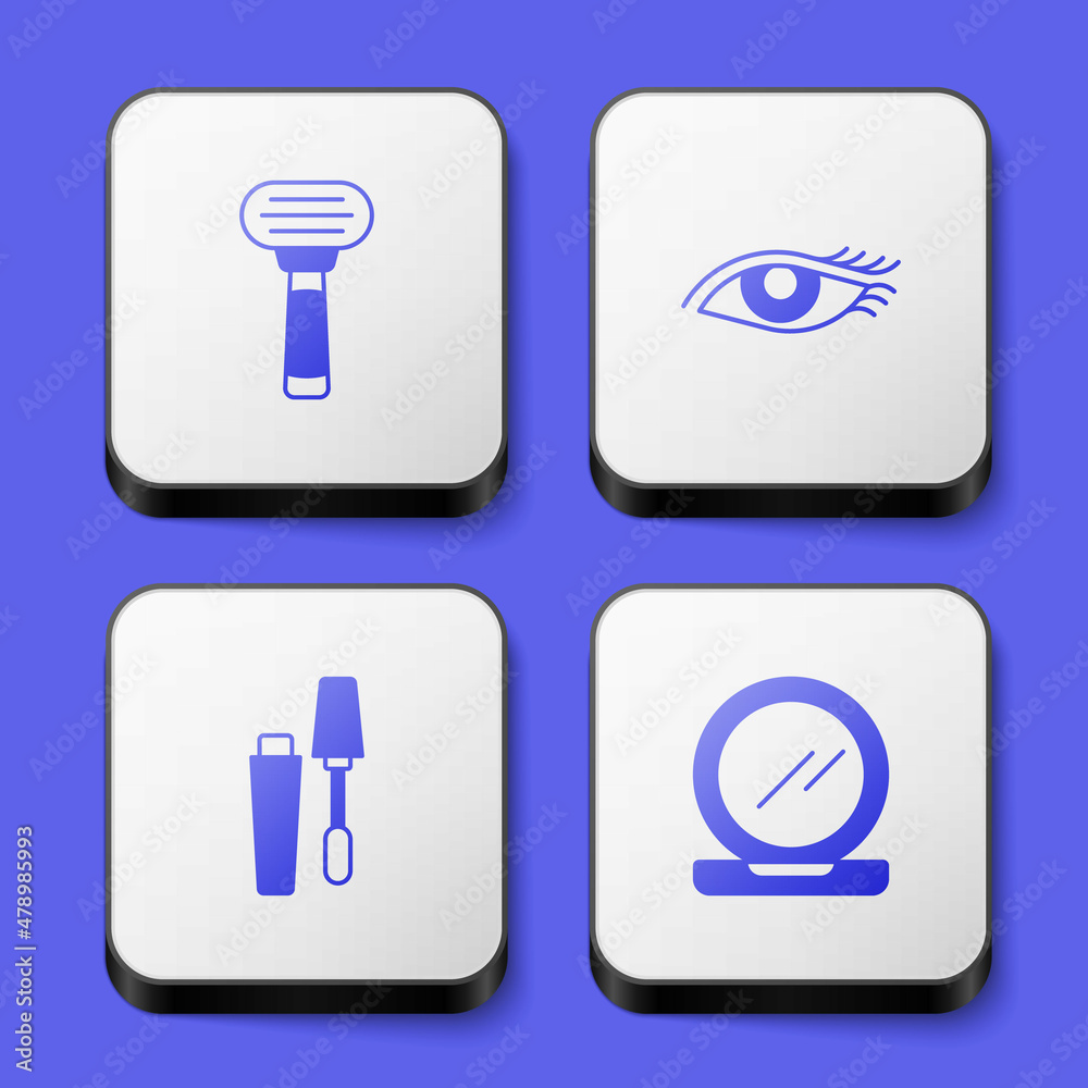 Set Shaving razor, Woman eye, Mascara brush and Makeup powder with mirror icon. White square button. Vector Set Shaving razor, Woman eye, Mascara brush and Makeup powder with mirror icon. White square button. Vector