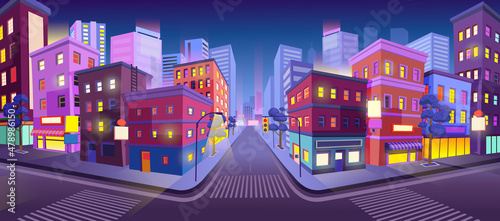Panorama city building houses with shops at night: boutique, cafe, bookstore, mall crossing and traffic light .Vector illustration in cartooon style.