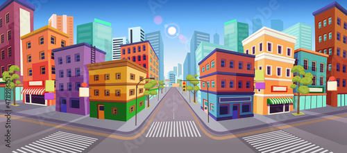 Panorama city building houses with shops: boutique, cafe, bookstore, mall crossing and traffic light .Vector illustration in cartooon style.