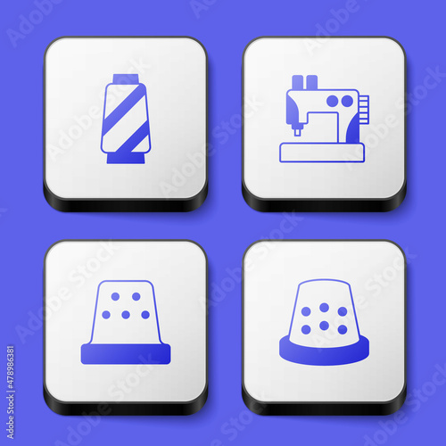 Set Sewing thread on spool, machine, Thimble for sewing and icon. White square button. Vector