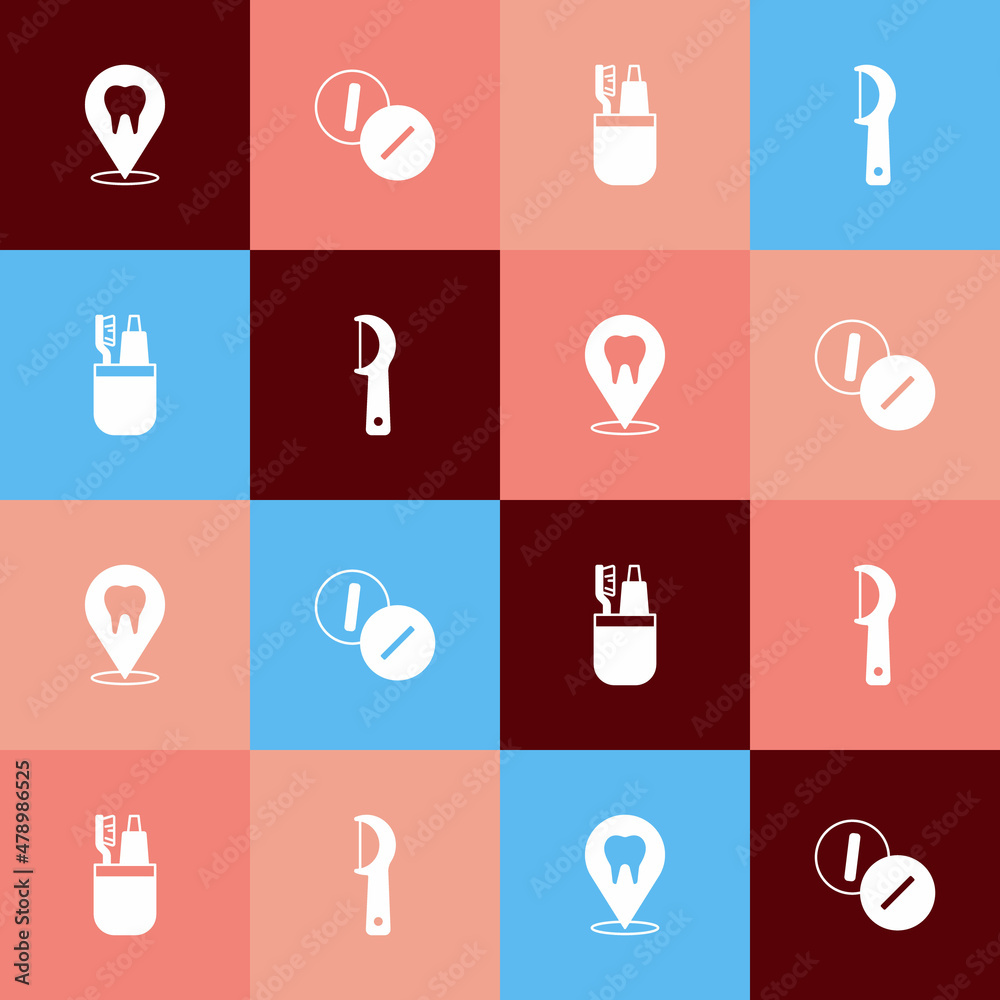 Set pop art Dental clinic location, Toothache painkiller tablet, Toothbrush and toothpaste and floss icon. Vector Set pop art Dental clinic location, Toothache painkiller tablet, Toothbrush and toothpaste and floss icon. Vector