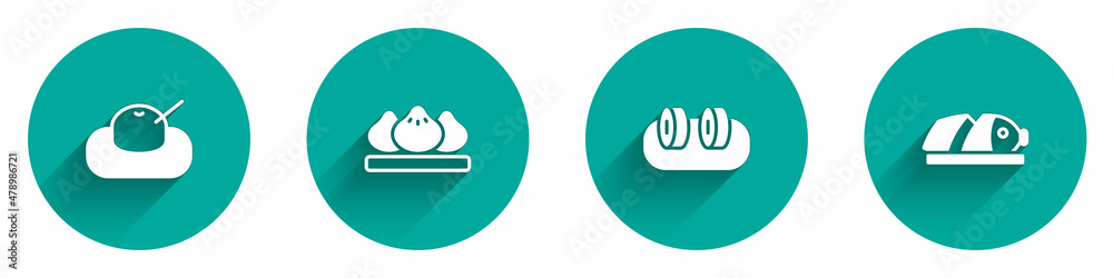 Set Mochi, Dumpling, Sushi and Fish with sliced pieces icon with long shadow. Vector Set Mochi, Dumpling, Sushi and Fish with sliced pieces icon with long shadow. Vector