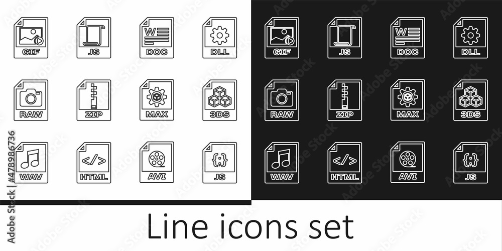 Set line JS file document, 3DS, DOC, ZIP, RAW, GIF, MAX and icon. Vector Set line JS file document, 3DS, DOC, ZIP, RAW, GIF, MAX and icon. Vector