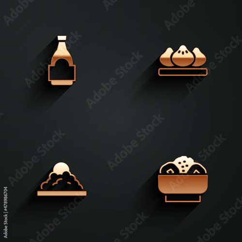 Set Soy sauce bottle, Dumpling, Rice bowl and Chow mein on plate icon with long shadow. Vector