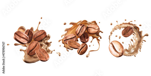 Set of Milk coffee splash Icon with Coffee Bean falling, 3d illustration.
