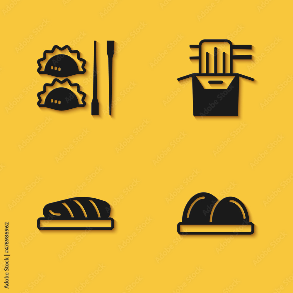 Set Dumpling with chopsticks, Sushi, Fish steak and Asian noodles paper box icon with long shadow. Vector Set Dumpling with chopsticks, Sushi, Fish steak and Asian noodles paper box icon with long shadow. Vector