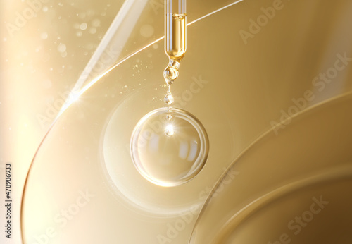 Cosmetic pipette with Cosmetic Essence oil Liquid drop background, 3d rendering. photo