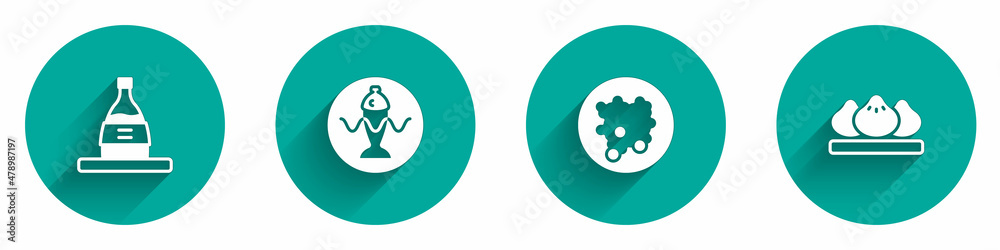 Set Bottle of sake, Served fish on plate, Rice in bowl and Dumpling icon with long shadow. Vector Set Bottle of sake, Served fish on plate, Rice in bowl and Dumpling icon with long shadow. Vector