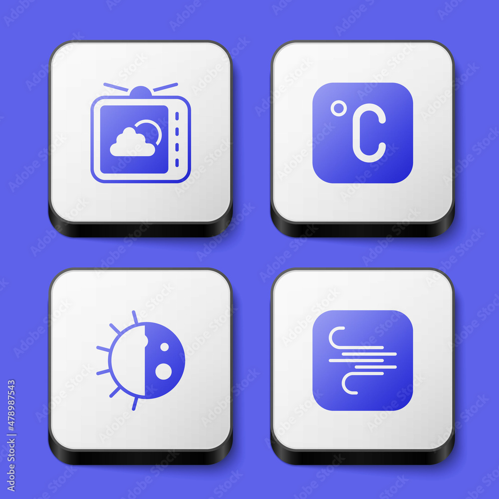 Set Weather forecast, Celsius, Day night cycle and Wind icon. White square button. Vector