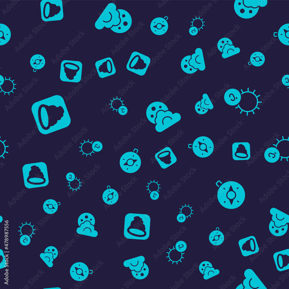 Set Tornado, Sun, Cloud with moon and Compass on seamless pattern. Vector Set Tornado, Sun, Cloud with moon and Compass on seamless pattern. Vector