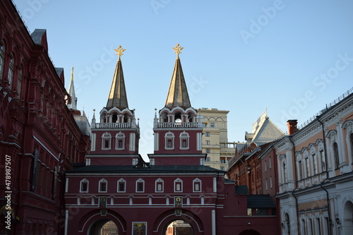 Resurrection gate. Double passage gates of the Kitaygorodskaya wall. The Red Square. Moscow. Russia.