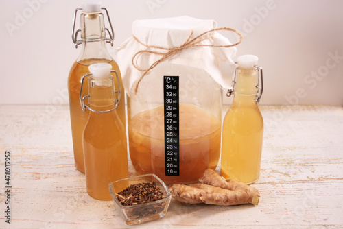 Homemade kombucha tea second fermentation with ginger and spices
