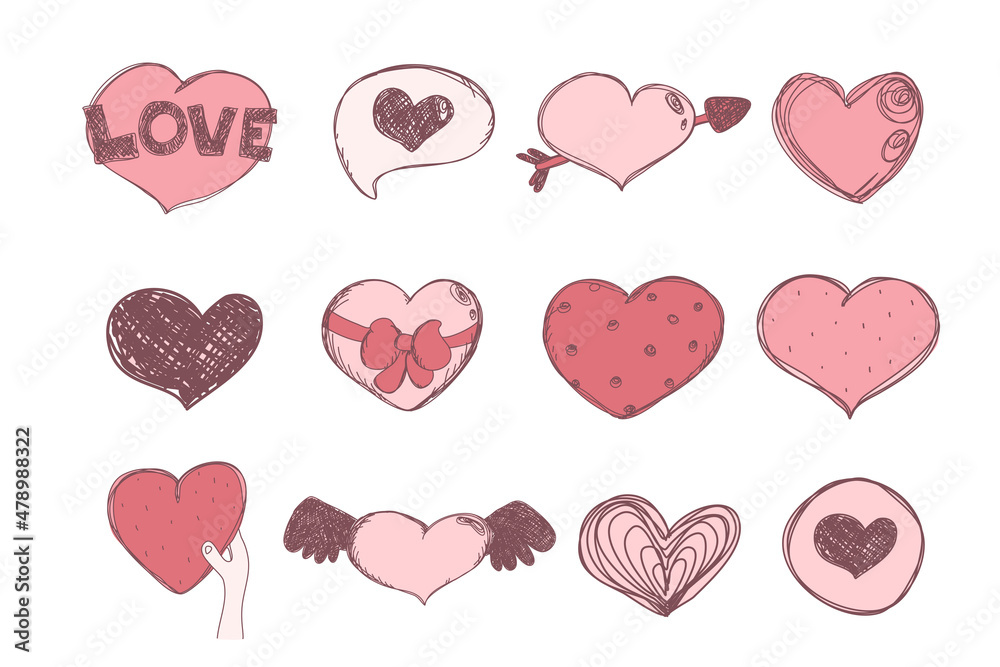 cute Hearts Set. Doodle Style. Collection of Design elements for postcards, stories, Wedding and Valentine day invitation and greeting cards design