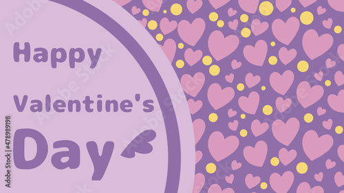 Valentine's day illustration in pink and purple tones on yellow circle pattern background and pink hearts, decorated with purple text.