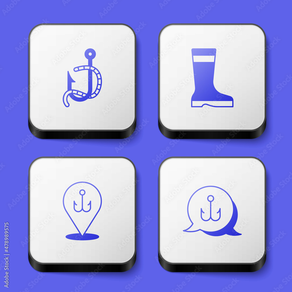 Set Fishing hook and worm, boots, and icon. White square button. Vector Set Fishing hook and worm, boots, and icon. White square button. Vector