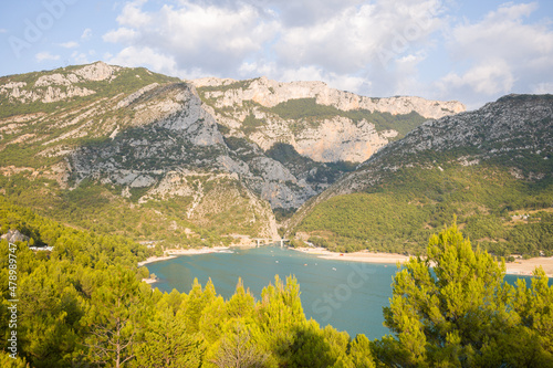 The panoramic view of the Gorges du Verdon and the lake of Sainte Croix in Europe  in France  Provence Alpes Cote dAzur  in the Var  in the summer  on a sunny day.