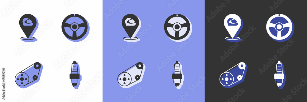 Set Car spark plug, Racing helmet, Timing belt kit and steering wheel icon. Vector Set Car spark plug, Racing helmet, Timing belt kit and steering wheel icon. Vector