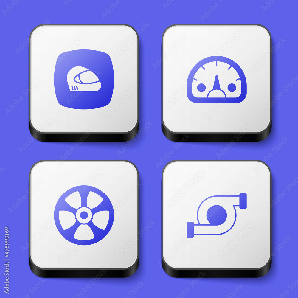 Set Racing helmet, Speedometer, Alloy wheel for car and Automotive turbocharger icon. White square button. Vector Set Racing helmet, Speedometer, Alloy wheel for car and Automotive turbocharger icon. White square button. Vector