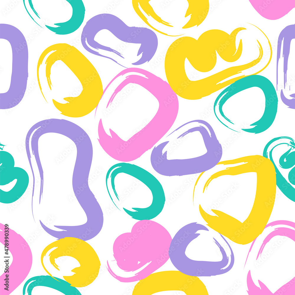 Abstract shapes with brush drawn contours in seamless pattern in minimal style.Soft art endless background for stationery, wallpapers,fabric,textile,linen, baby diapers, clothes, diaries.Raster