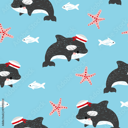 Seamless cartoon little whale sailor pattern. Baby print.	