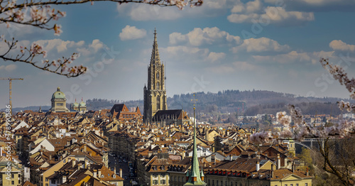 Beautiful view of the landscape of old town in Bern city -Switzerland as the cherry blossom flower in Spring season background