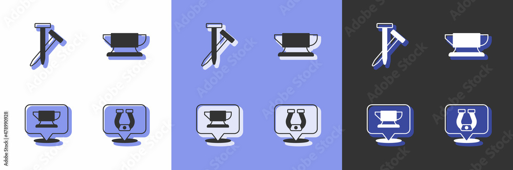 Set Horseshoe, Metallic nails, Blacksmith anvil tool and icon. Vector Set Horseshoe, Metallic nails, Blacksmith anvil tool and icon. Vector