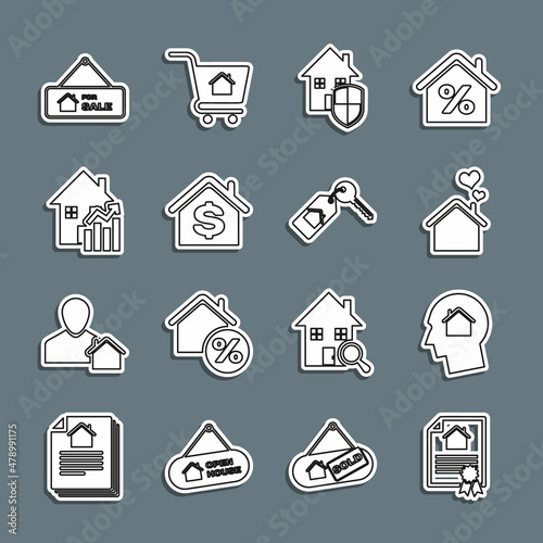 Set line House contract, Man dreaming about buying house, with heart shape, under protection, dollar, Rising cost of housing, Hanging sign For Sale and key icon. Vector